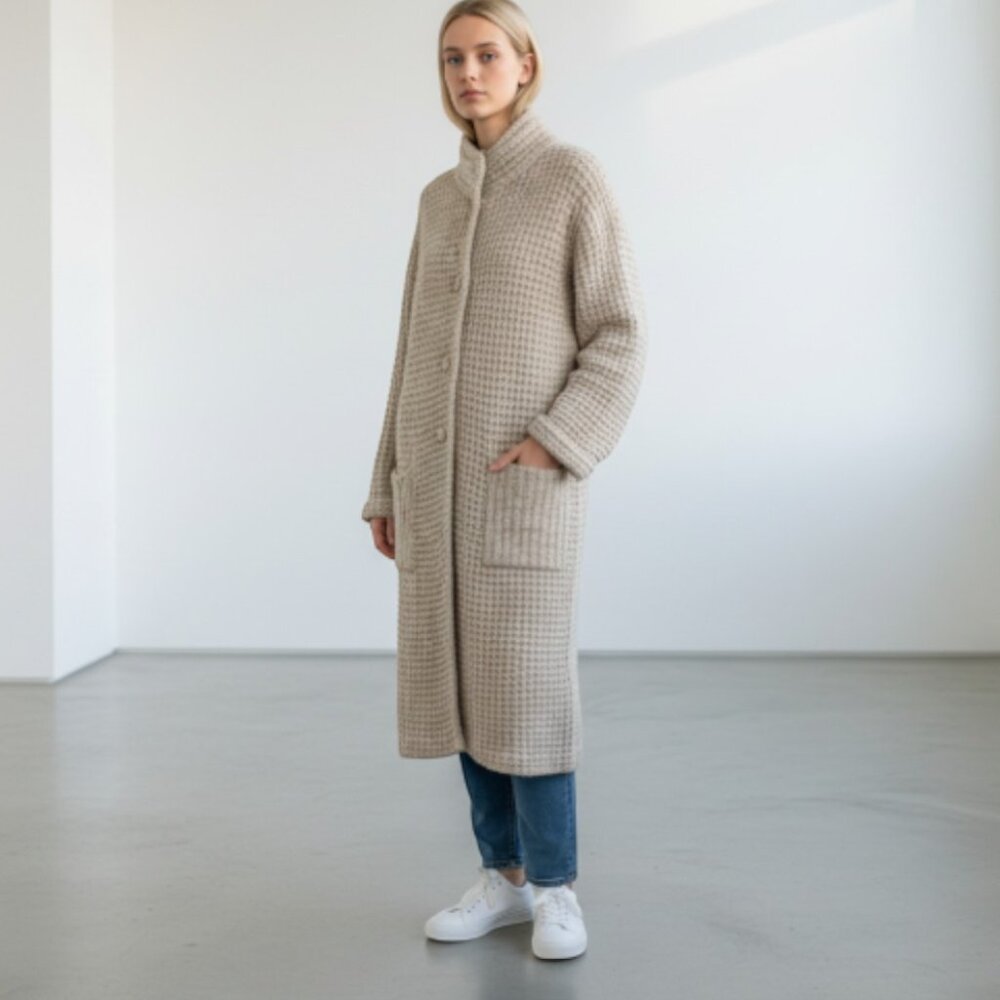 Vintage Long Wool Button Down Coat Jacket Cardigan Cable Knit Women's Medium